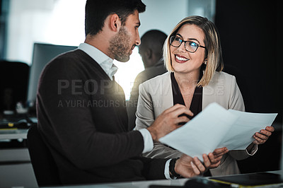 Buy stock photo Business people, smile and brainstorming with documents, planning and talking with idea, cooperation or meeting for financial growth. Accounting, economy analyst or employees with paperwork or budget