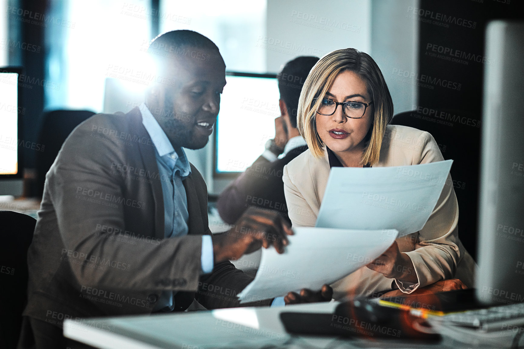 Buy stock photo Business people, report and teamwork with documents, planning or brainstorming with cooperation, funding proposal or meeting. Financial growth, accounting and agency or economy analyst with paperwork