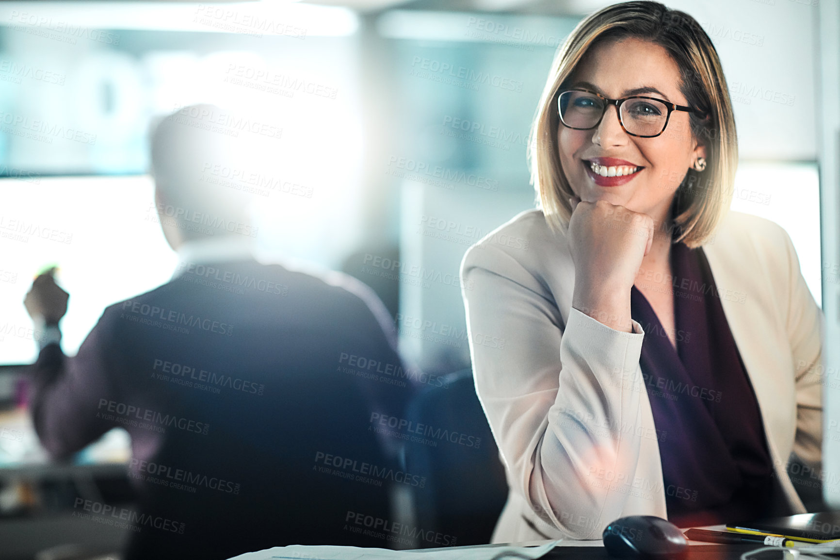 Buy stock photo Thinking, woman and portrait on computer in office, web designer, research and planning creative project. Smile, female person, developer and information, feedback and report for agency proposal

