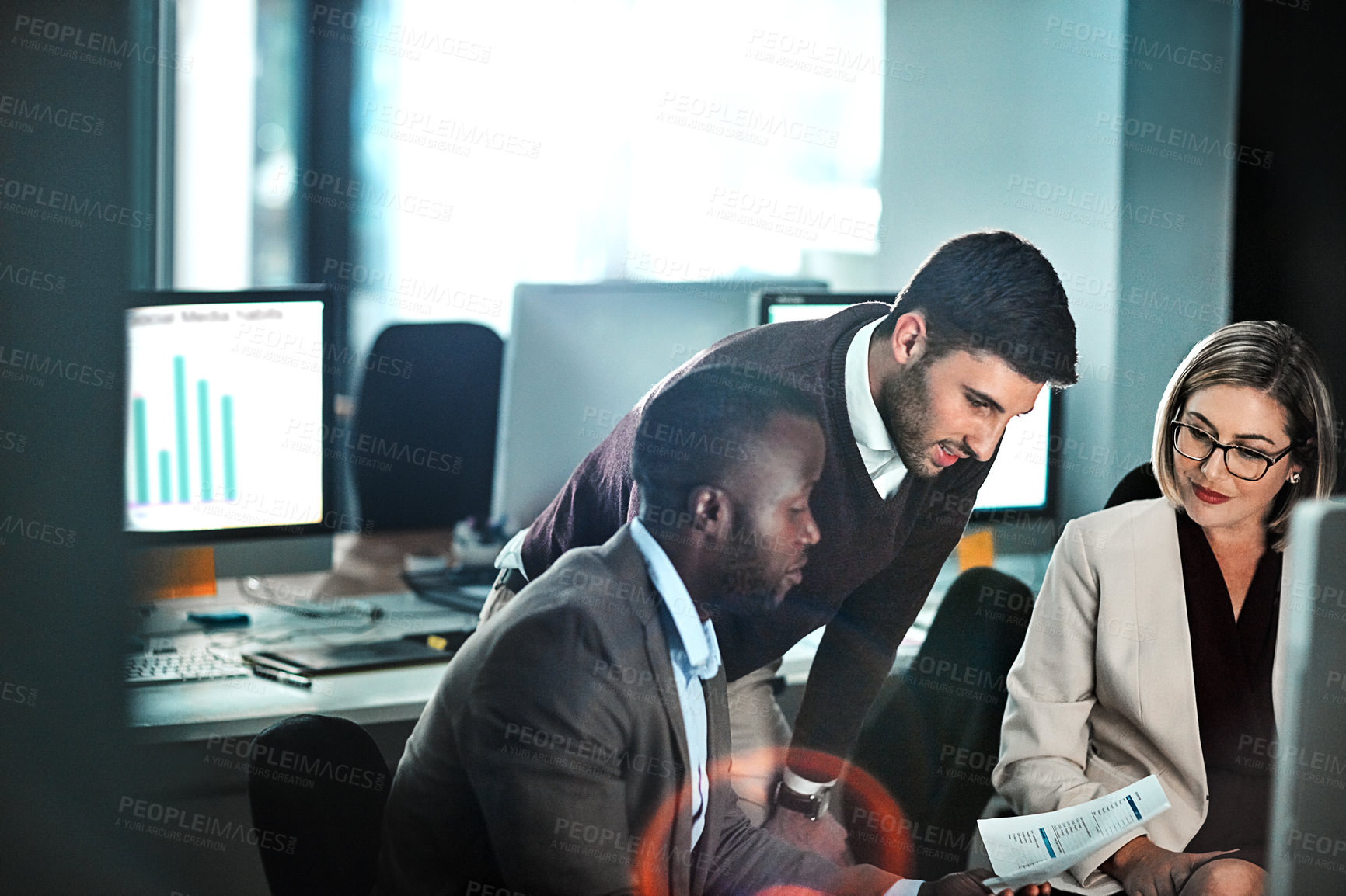 Buy stock photo Night, business people and financial report in office with meeting, data analysis and conversation. Late, team and review in workplace with document, statistics and discussion for finance planning.