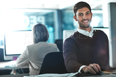 Buy stock photo Portrait, man and  smile on computer in office, web designer and research for planning creative project. Smile, male person, developer and information, feedback and report for agency proposal