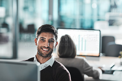 Buy stock photo Happy, business and man in portrait on computer in office for research, information and analysis finance stats growth. Smile, corporate and male person on digital pc, website and graph data progress