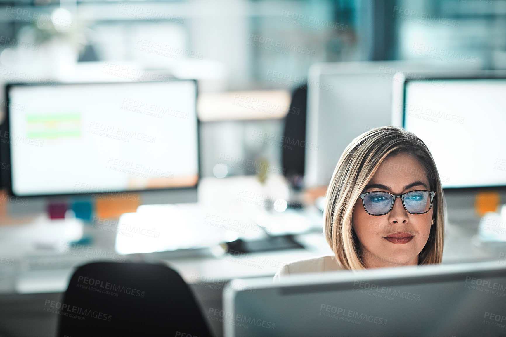 Buy stock photo Computer, reading and business woman in office for budget planning, research or email report. Pc, financial consultant and internet for information, networking or working on investment with glasses