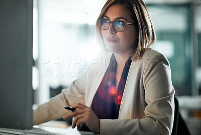 Buy stock photo Thinking, businesswoman and reading on computer for research, information and glasses in office. Female lawyer, idea and review details on internet for consulting, legal advisor and strategy for case