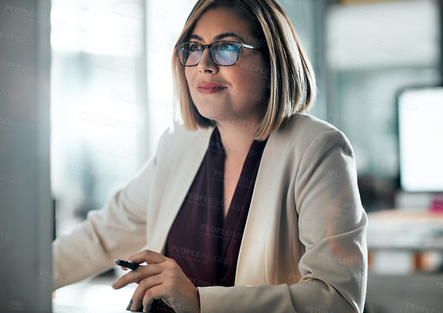 Buy stock photo Businesswoman, smile and reading on computer for research, information and glasses in office. Female lawyer, idea and review details on internet for planning, legal advice and strategy for case