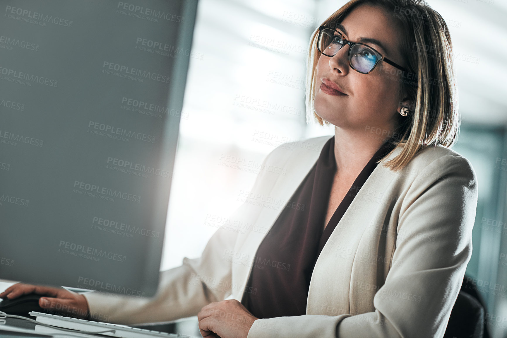 Buy stock photo Computer, reading email and business woman in office for  planning, research and report on website. Desktop, sales consultant and internet for information, networking or working on project online