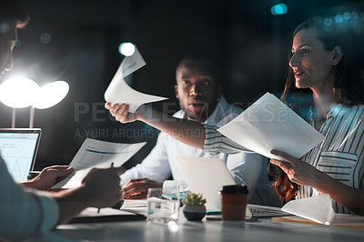 Buy stock photo Business people, review and tax report for company, portfolio document and pay roll audit. Accountant, financial and analysis for invoice paperwork, project feedback and research for application 