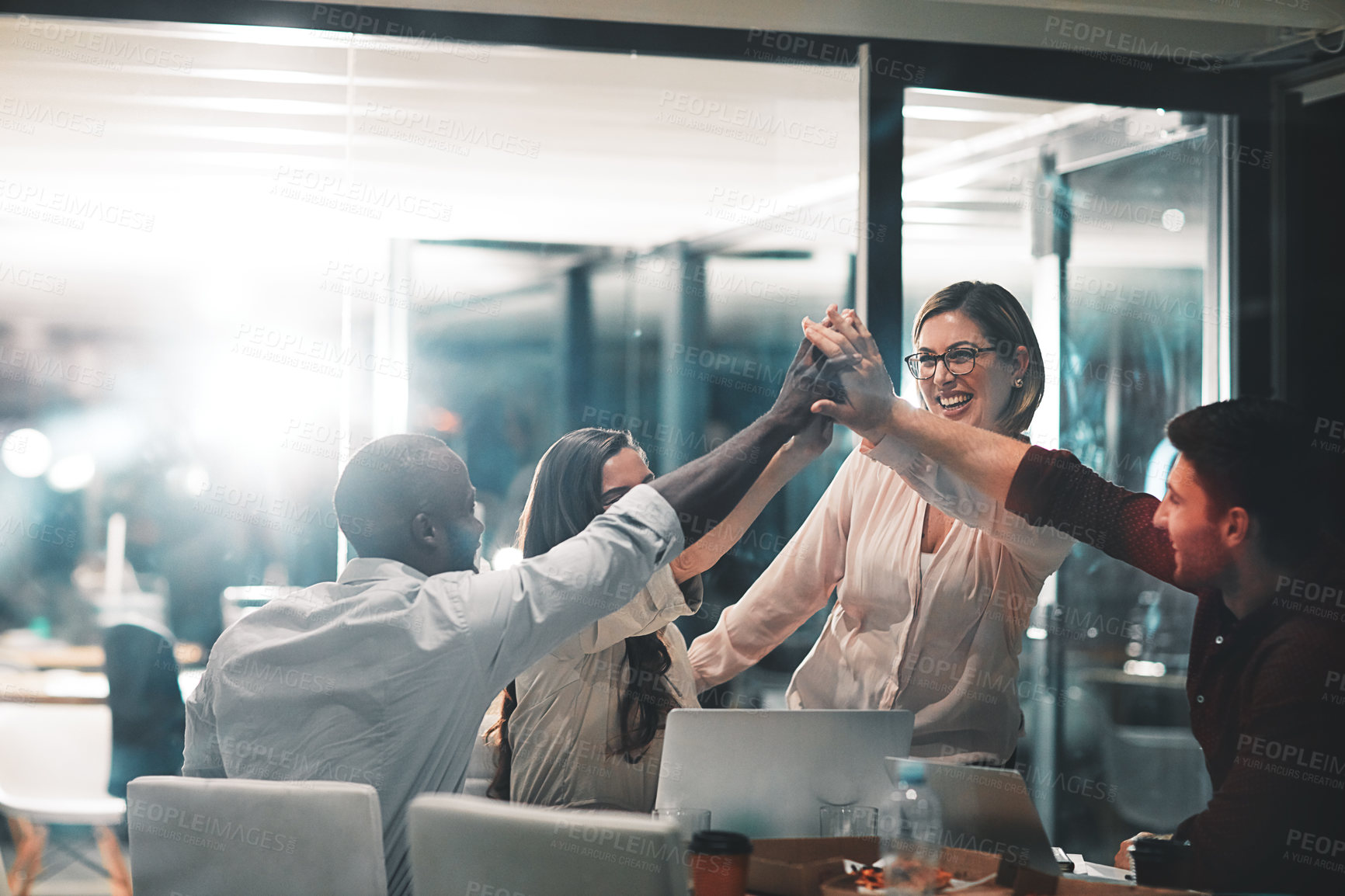 Buy stock photo High five, collaboration and business people in celebration in the office for project success. Teamwork, diversity and group of professional employees with team achievement to celebrate in workplace.