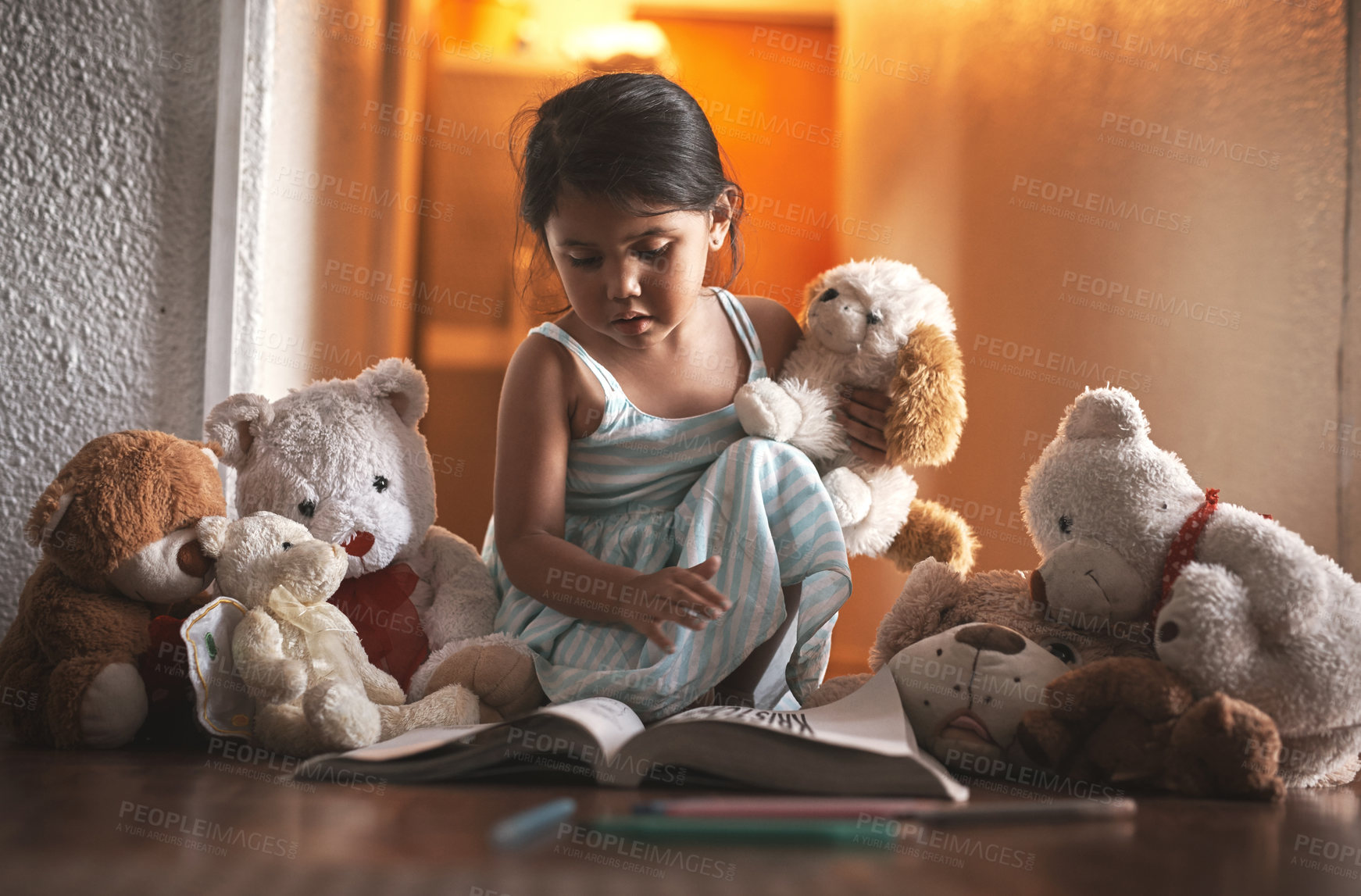 Buy stock photo Girl, kid and home with book or teddy bear for playing with reading for literature, child development and growth. Baby, toys and novel for fantasy, knowledge and education with hobby for learning