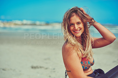 Buy stock photo Portrait of a beautiful young woman enjoying a relaxing day at the beach