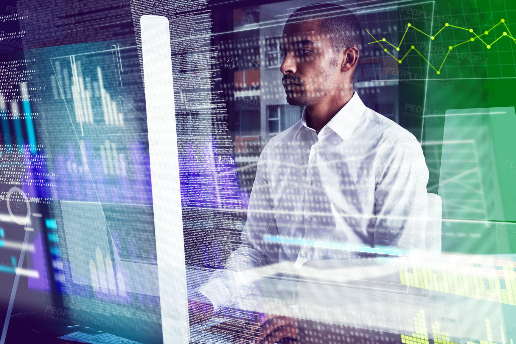 Buy stock photo Cropped shot of a young computer programmer looking through data