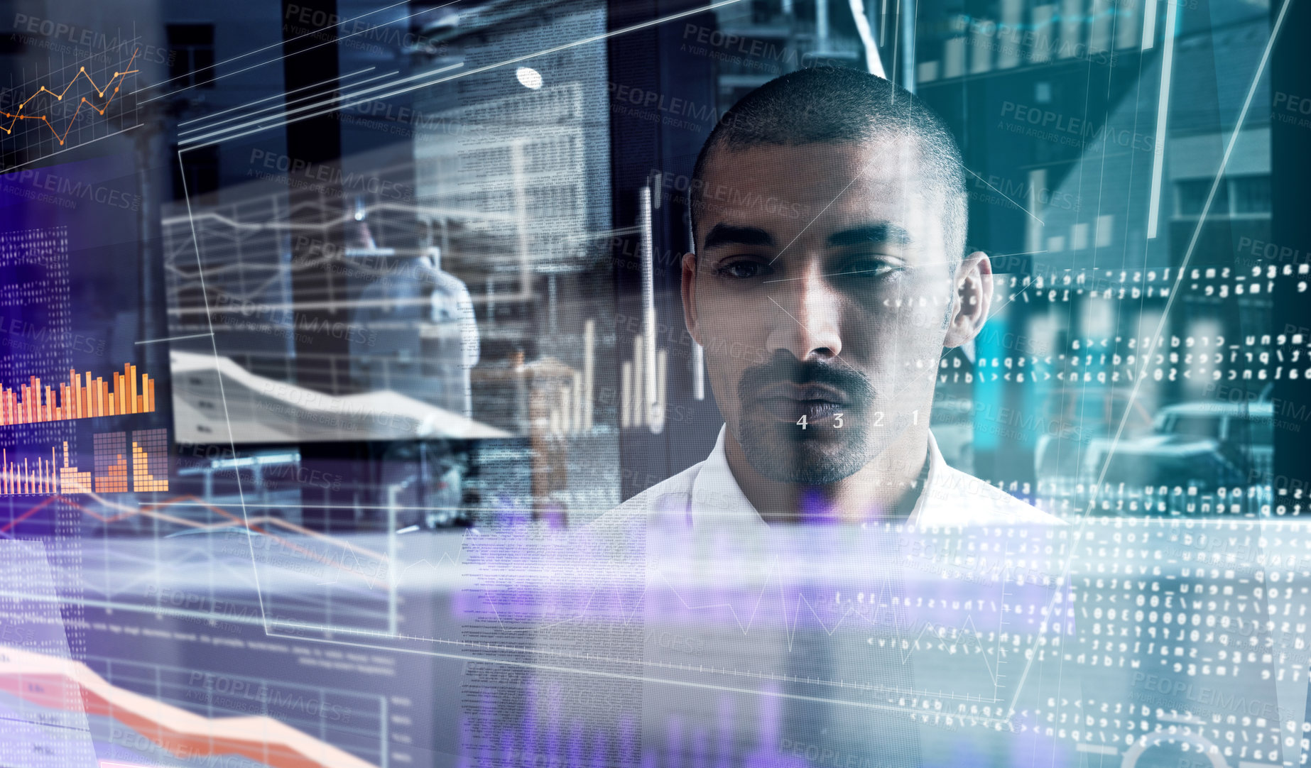 Buy stock photo Cropped shot of a young computer programmer looking through data