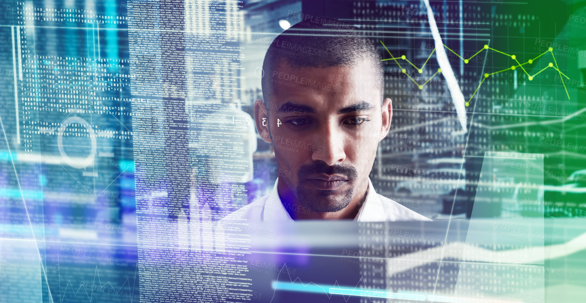 Buy stock photo Cropped shot of a young computer programmer looking through data