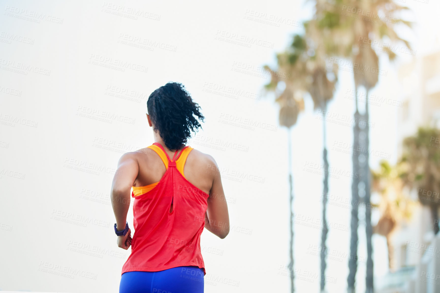 Buy stock photo Fitness, back and woman outdoor with running, cardio or stamina exercise in sport challenge. Training, space or athlete in town with jog, physical wellness and endurance workout in New Zealand.