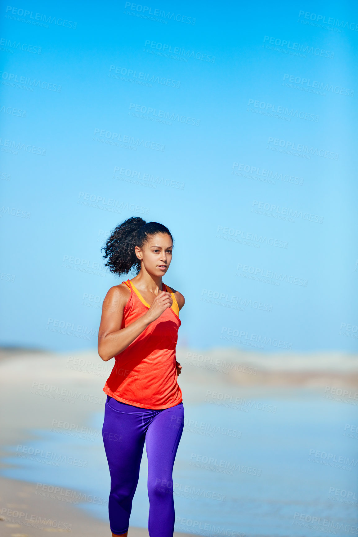 Buy stock photo Girl, running and training at beach with fitness, cardio challenge and outdoor with space in sky. Woman, runner and steps with exercise in morning by ocean for wellness, workout or summer at seaside