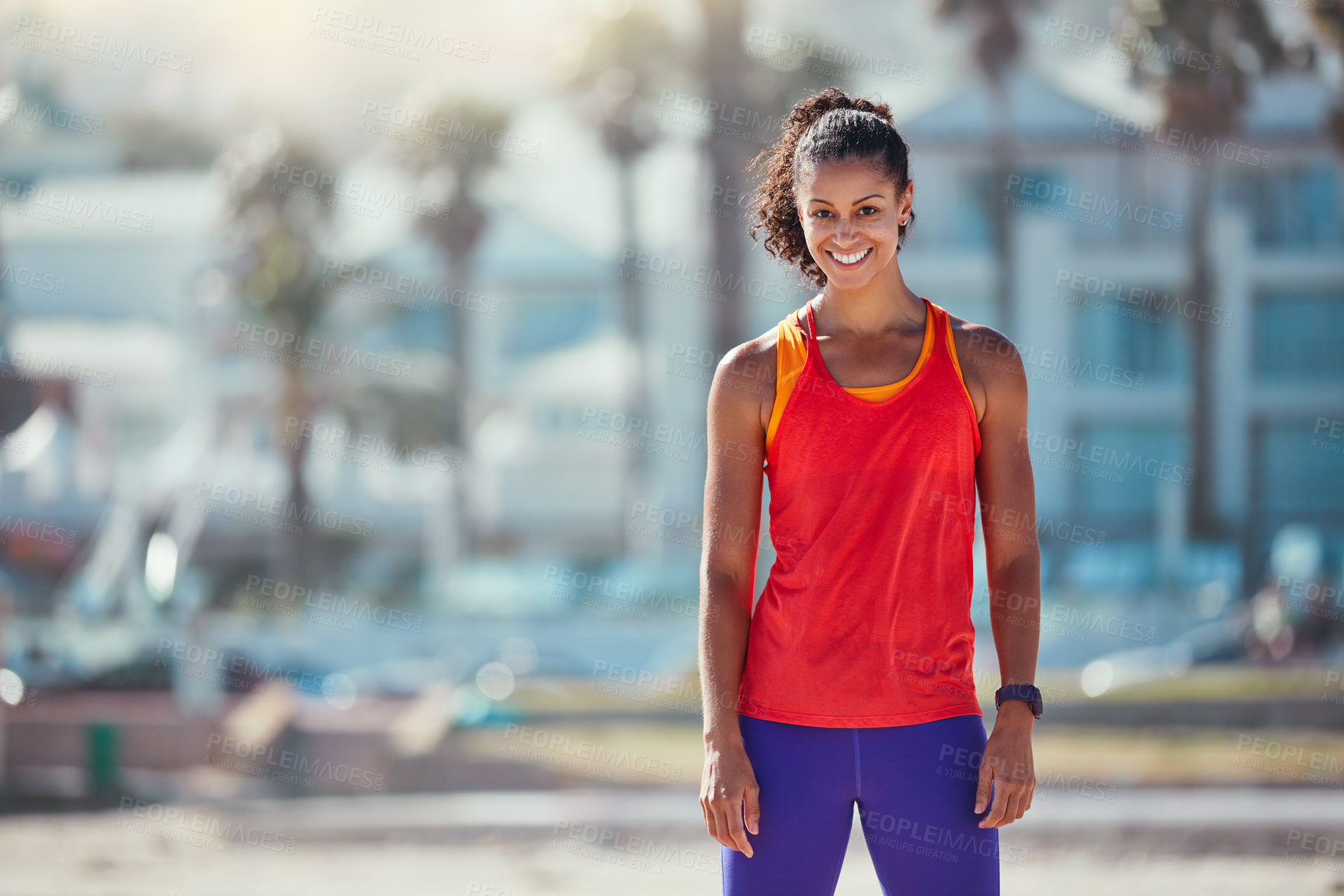 Buy stock photo Fitness, portrait or woman outdoor with smile, pride or progress in wellness hobby. Happy, space or African athlete in city with confidence, training break or workout results in body improvement.