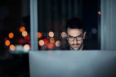 Buy stock photo Night, computer and programming with business man in office for internet, coding or software development. Technology, cloud computing and cyber security with male programmer for app, developer and it