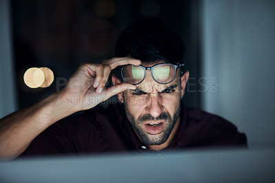 Buy stock photo Night, confused businessman work in glasses and shock, angry or frustrated with screen, online communication or 404 error. Man, face and reading eyewear or late working with stress, computer and fail