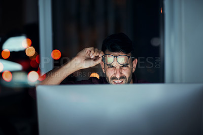 Buy stock photo Night work, computer and confused businessman in glasses  or frustrated with screen, online communication or 404 error. Man, face and reading eyewear or late working with stress, monitor and fail