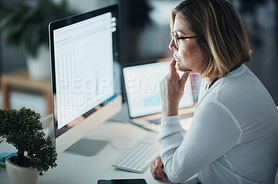 Buy stock photo Business, night and woman with focus, computer and check details for a new project, feedback and review. Female person, employee or consultant with a pc, evening or technology for planning with ideas