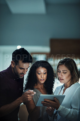 Buy stock photo People, tablet and team work at night for collaboration, planning and solution in information technology. Group of employees with business project on digital software for problem solving and research
