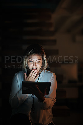 Buy stock photo Business, night and woman with tablet, surprise and internet with announcement, social media and online news. Person, employee or agent with tech, evening and shocked expression for text, omg and wow