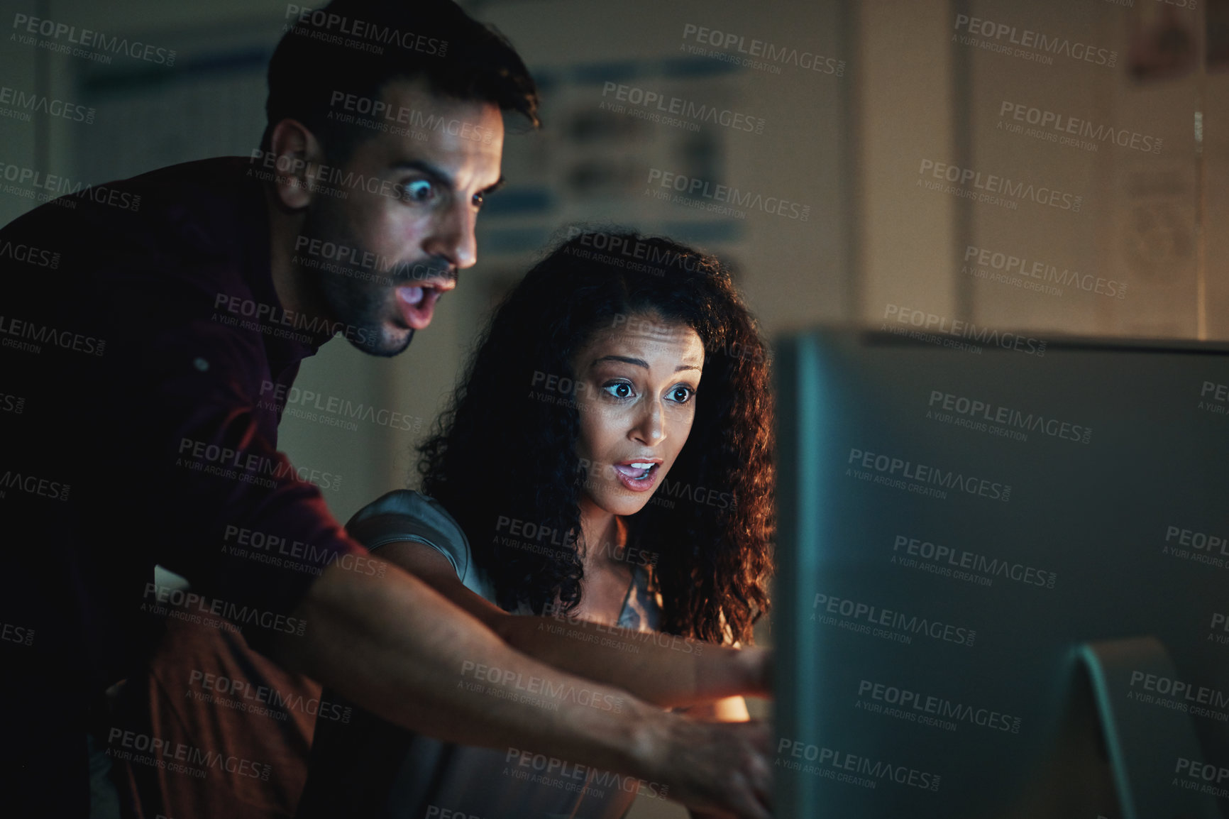 Buy stock photo Business team, computer and shocked at night for online news, mistake or crisis at startup or creative agency. Graphic designer people with surprise and worry for software error and deadline problem