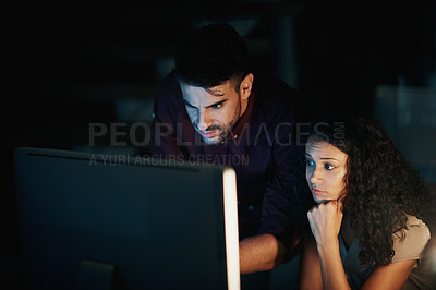 Buy stock photo Business people, teamwork and thinking at night on computer for collaboration, planning and solution in dark. Programmer, developer and leader with project advice, support and online problem solving