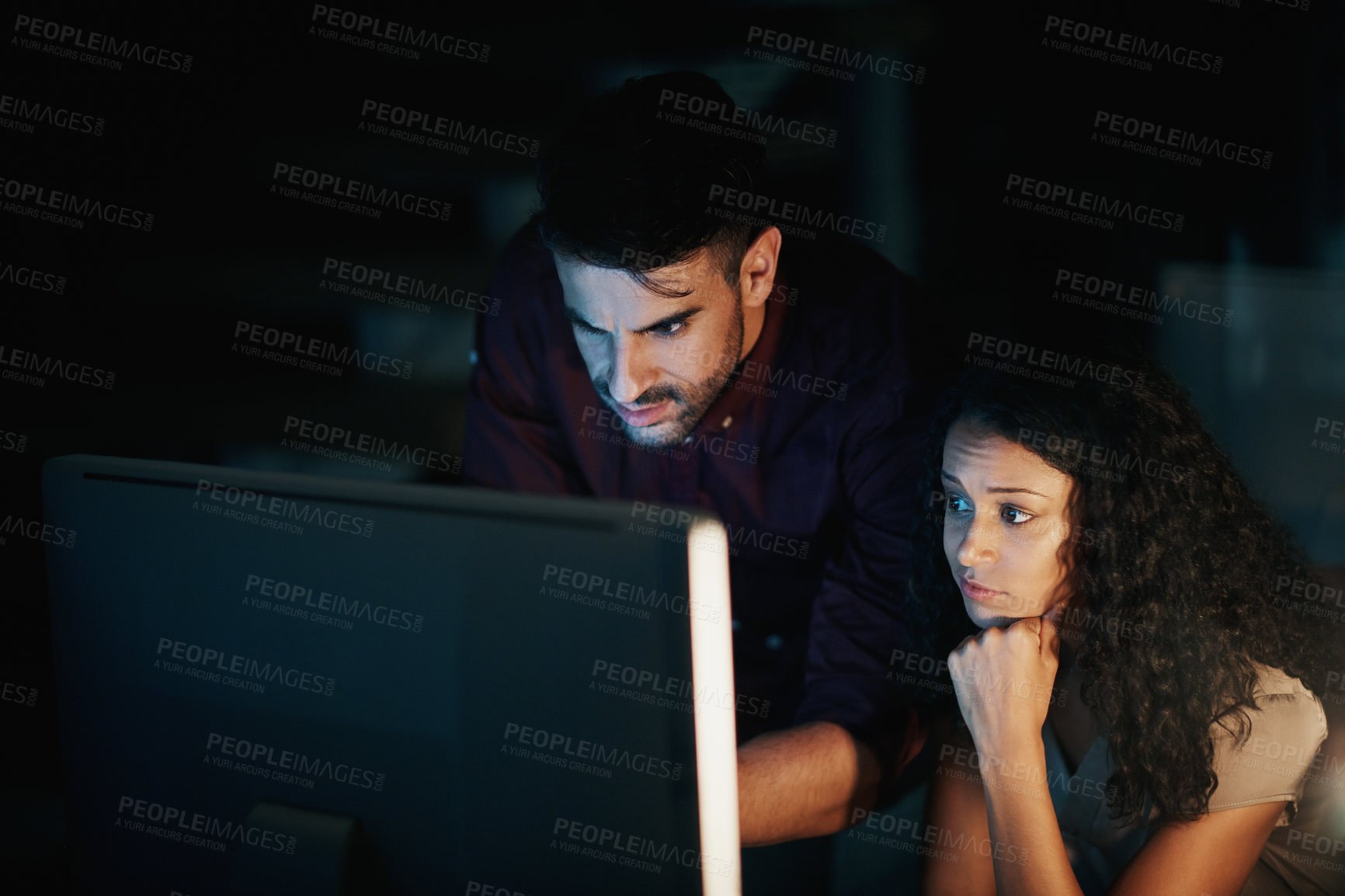 Buy stock photo Business people, teamwork and thinking at night on computer for collaboration, planning and solution in dark. Programmer, developer and leader with project advice, support and online problem solving