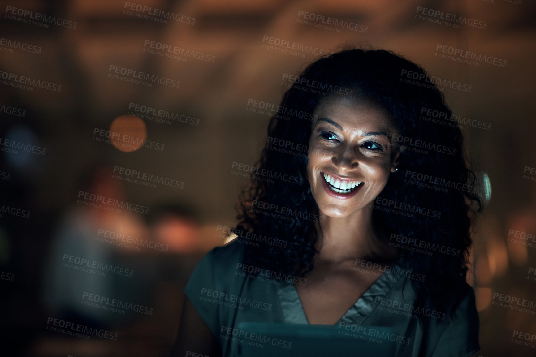 Buy stock photo Business, night and woman with tablet, smile and internet with connection, social media and excited. African person, agent or consultant with tech, evening and scrolling for text message or happiness