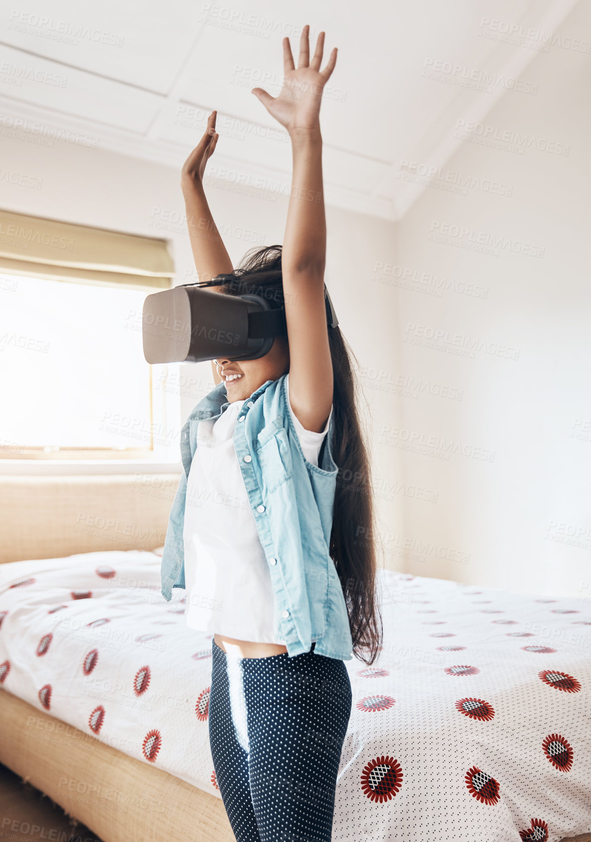 Buy stock photo Girl, bedroom and virtual reality glasses for gaming, entertainment or video streaming for metaverse. Child, vr headset and tech interaction for home experience, cyber fantasy or esport in house