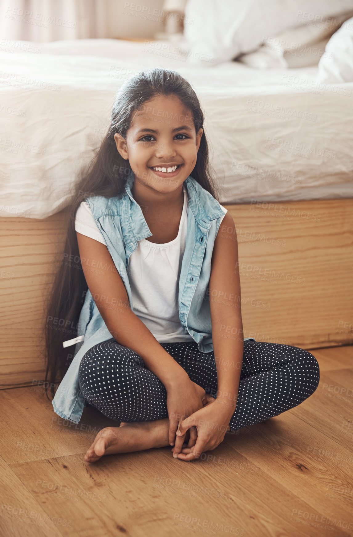 Buy stock photo Portrait, smile and kid on floor with break, positive attitude or child wellness on weekend. Happy, relax and girl in house with good mood, calm moment or childhood development on Sunday afternoon.