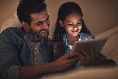 Buy stock photo Bedroom, night and papa with girl, tablet and typing with connection, streaming film and love. Evening, home and family with father, daughter and kid with tech, digital app for game and cartoon movie