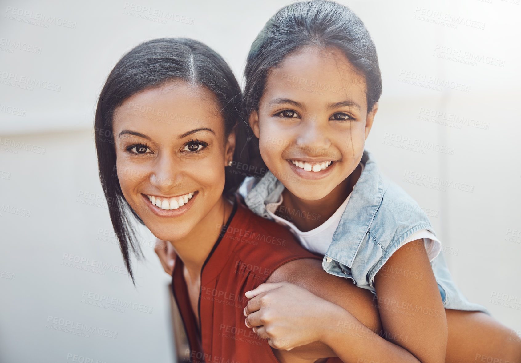 Buy stock photo Smile, portrait and mother piggyback kid for family bonding, care and connection at home together. Mom, face and carry happy girl child at house for support, play or healthy relationship of parent