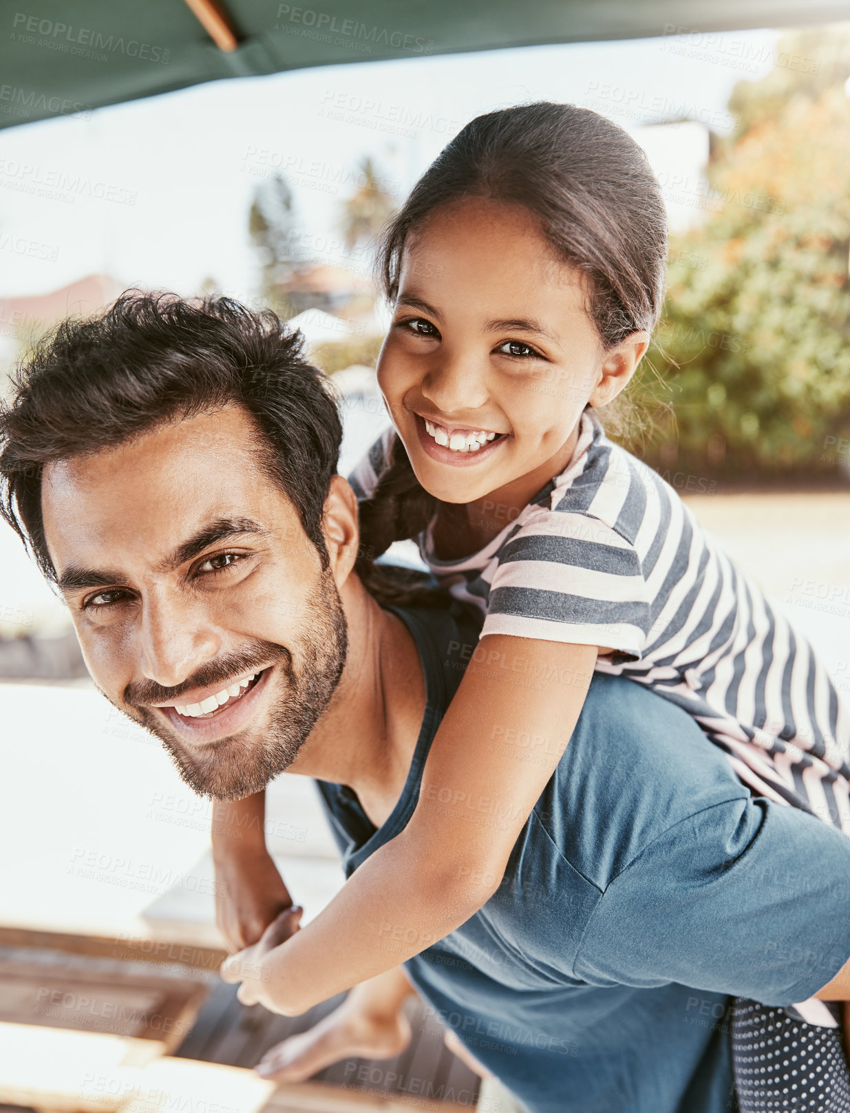 Buy stock photo Father, portrait and child as family with piggyback, love or support in bonding, together for memory. Man, kid and happiness outdoor on weekend, break or holiday for development, growth or care