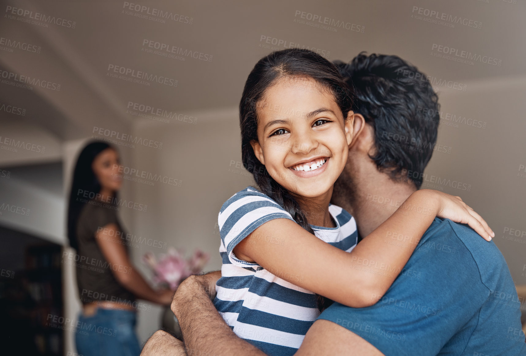 Buy stock photo Smile, portrait and father hug kid for family bonding, care or connection in home together. Face, dad and embrace happy girl child in house for support, trust and love with parents in living room