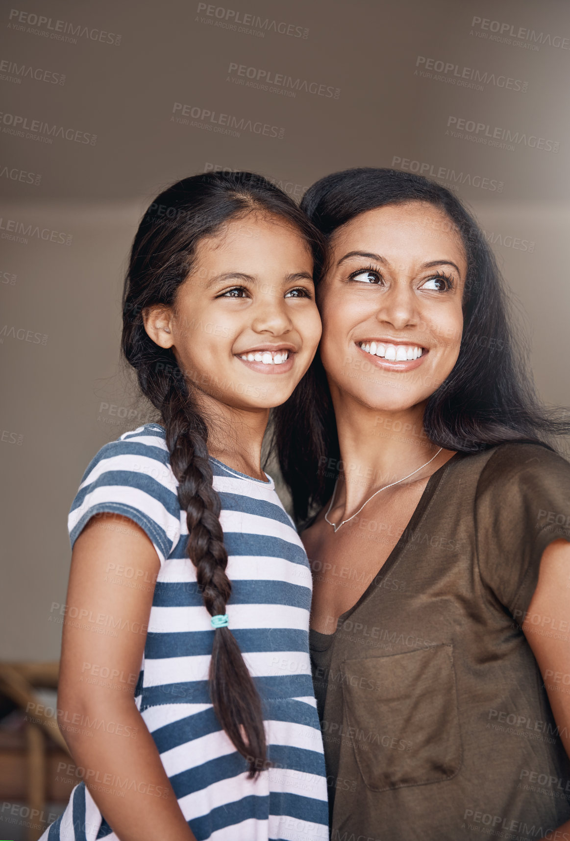 Buy stock photo Smile, mom or girl in home with connection, motherhood or bonding together for child growth. Mothers Day, woman or kid in house with happiness, healthy relationship or love in emotional security.
