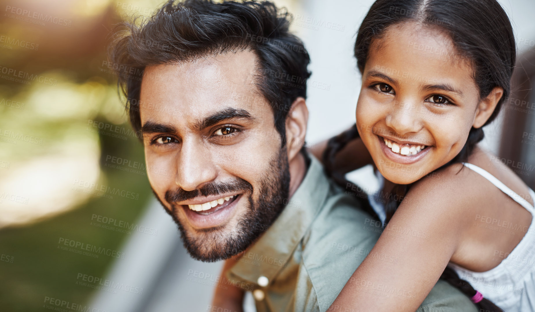 Buy stock photo Portrait, happy dad and piggyback kid for family bonding, care and connection together at garden. Face, girl and father carry child at backyard for playing, support and funny parent laughing outdoor