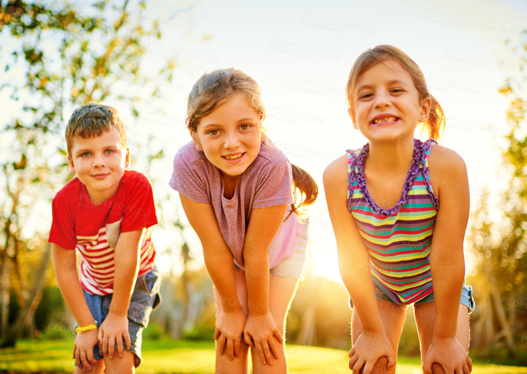 Buy stock photo Smile, summer and portrait of children in nature for freedom, adventure and vacation together. Happiness, family holiday and fun with group of kids in park for bonding, youth and development