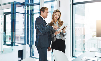 Buy stock photo Business people, teamwork and tablet with discussion in office for briefing on b2b collaboration or project management. Partnership, digital tech or meeting on company growth and review on kpi goals