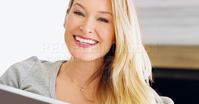Buy stock photo Cropped portrait of an attractive young woman at home
