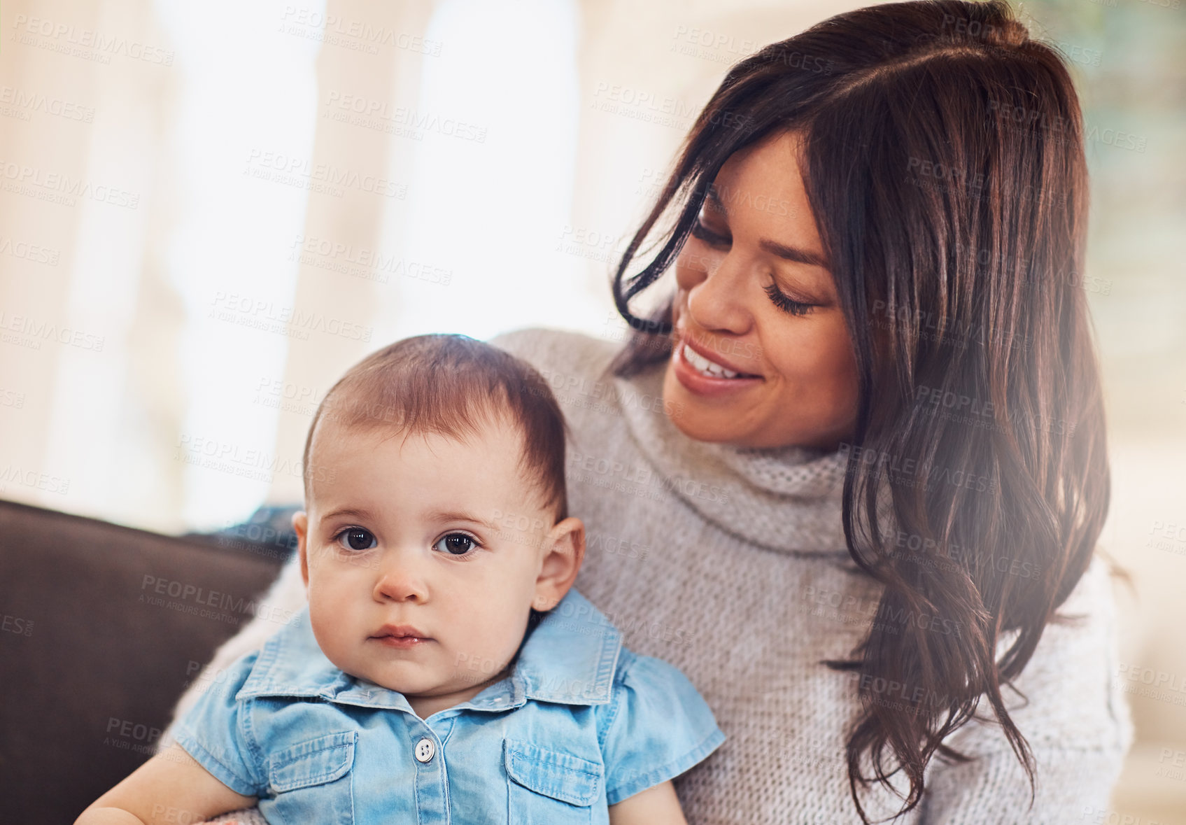 Buy stock photo Mom, baby and happy in sofa for bonding or support with love, growth and child development. Parent, toddler and satisfied at home with care, childhood memories and together with trust and smile
