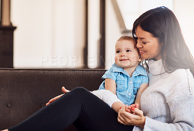 Buy stock photo Mother, baby and smile in sofa for bonding or support with love, growth and child development. Parent, toddler and happy at home with care, childhood memories and together with trust and joy on couch