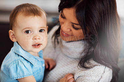 Buy stock photo Mom, baby and home with happy in sofa for bonding or support with love, growth and child development. Parent, toddler and smile with care, childhood memories and together with trust and joy on couch
