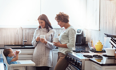 Buy stock photo Grandmother, mom and baby in kitchen for care, support and coffee in family home. Women, happiness and together in house for childcare, security and protection with toddler for visit or bonding