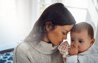 Buy stock photo Love, care and mother with baby in house for morning, bonding or learning, gratitude or child development. Safety, protection or girl with kid in living room for teaching, nurture or security at home