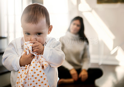 Buy stock photo Baby, child and playing with cloth in home with learning, growth and support from mother in living room. Toddler, kid and walking in lounge with clothes, fabric or blanket for comfort or first steps