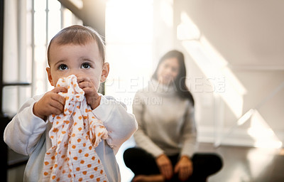 Buy stock photo Baby, kid and playing with cloth in home with learning, growth and support from mother in living room. Toddler, child and walking in lounge with clothes, fabric or blanket for comfort or first steps