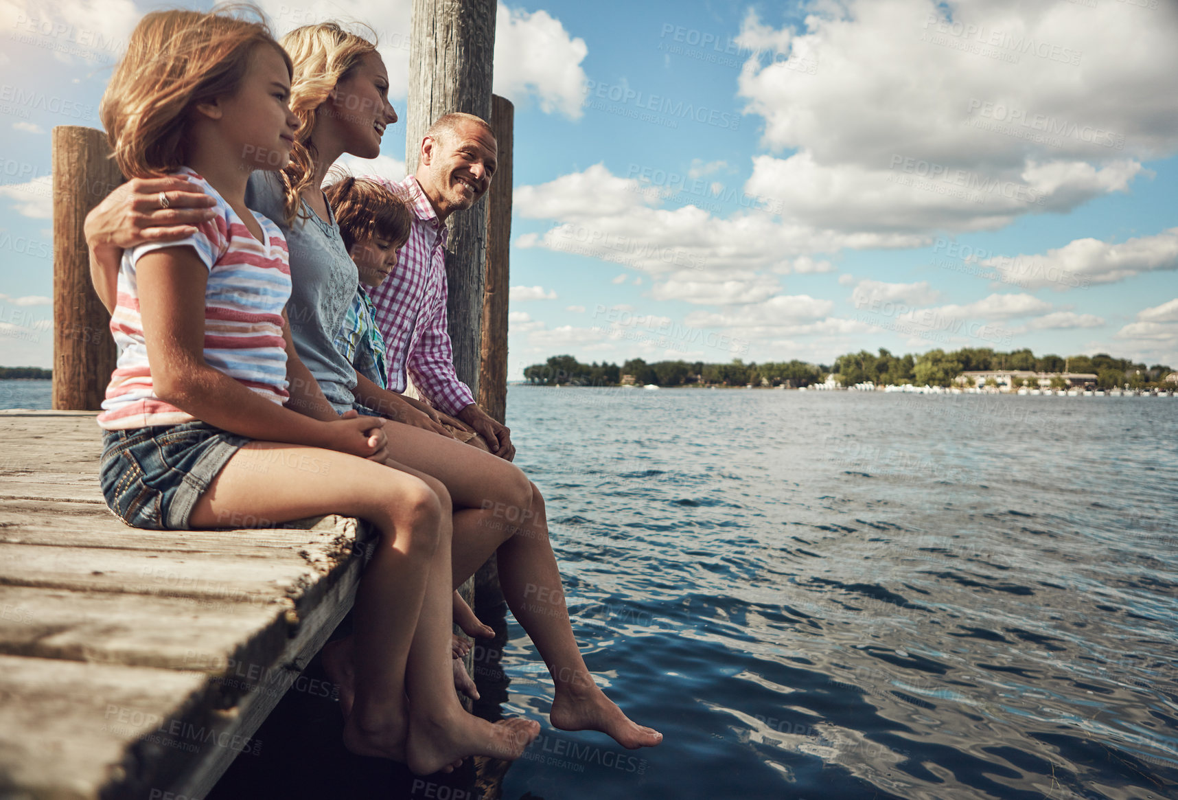 Buy stock photo Happy, parents or kids at lake for holiday, connection or bonding together on summer break. Love, family or people on dock with peace, spring adventure or healthy relationship in outdoor vacation.