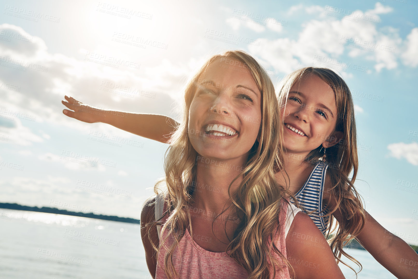Buy stock photo Sky, mother and child on beach with airplane, smile and playing on adventure holiday in Australia. Travel, mom and girl on ocean vacation with summer fun, happy laugh and bonding together with games.